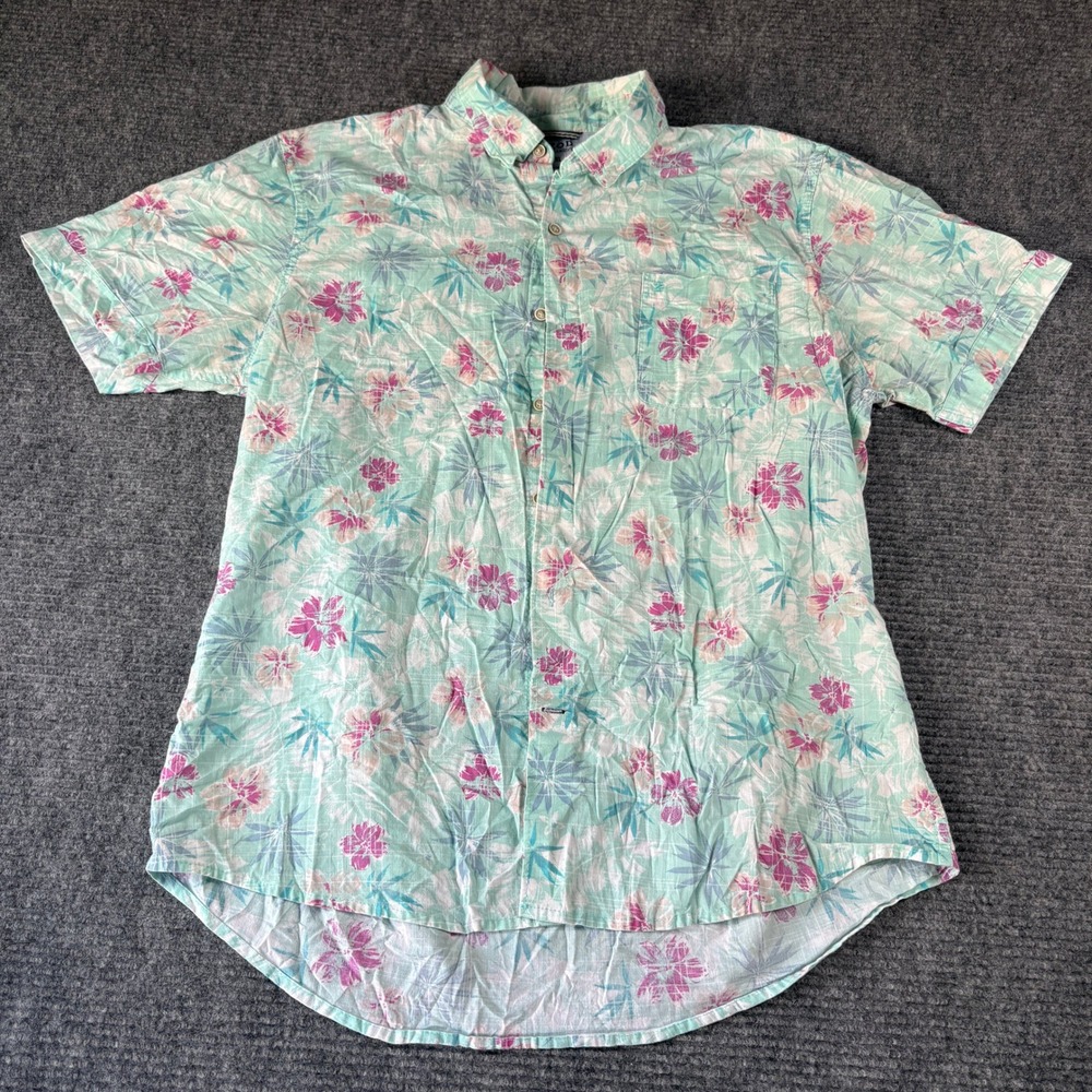 IZOD Saltwater Mens XL Short Sleeve Button Down Floral Tropical Teal Shirt 4549